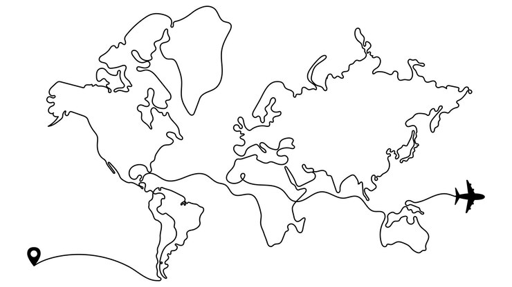 Mapa mundial de arte lineal dibujado a mano en blanco y negro
