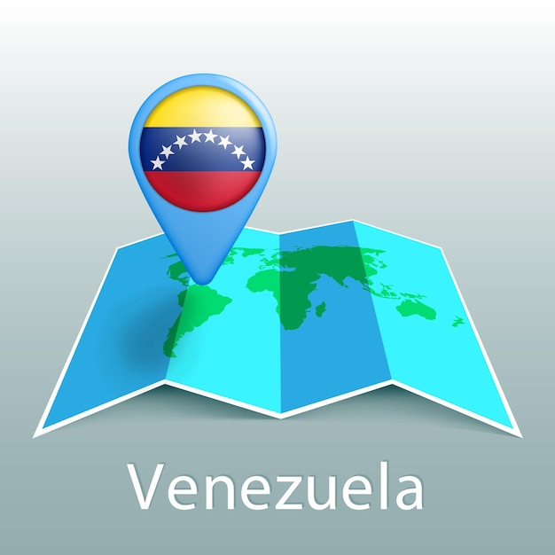 Mapa mundial de la bandera de venezuela en el pin con el nombre del país sobre fondo gris