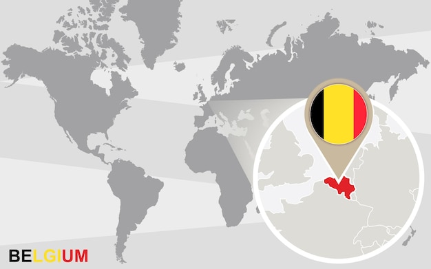 Mapa mundial con bélgica ampliada. bandera y mapa de bélgica.