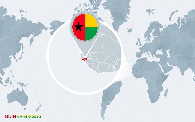 Mapa mundial centrado en América con GuineaBissau magnificada