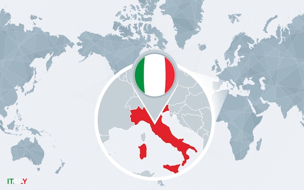 Mapa mundial centrado en América con Italia ampliada