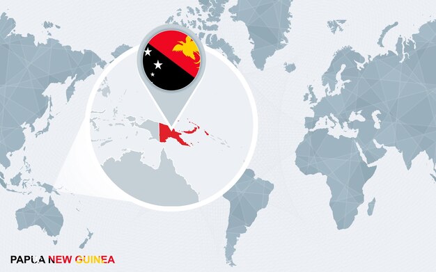 Mapa mundial centrado en América con Papua Nueva Guinea magnificada