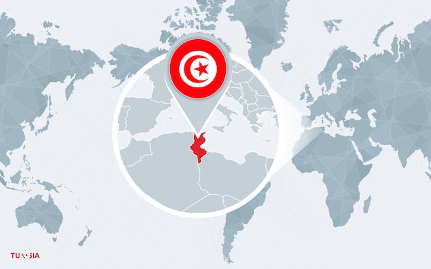 Mapa mundial centrado en América con Túnez ampliada