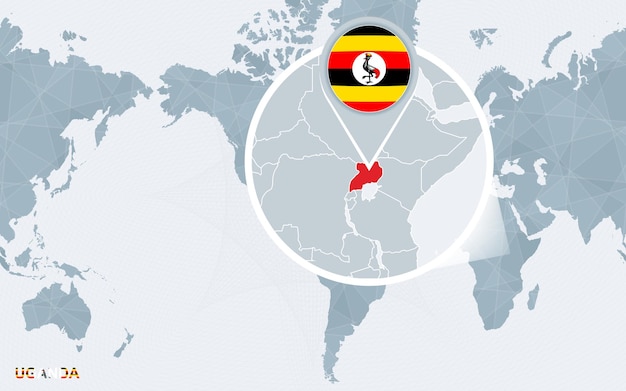 Mapa mundial centrado en América con Uganda ampliada