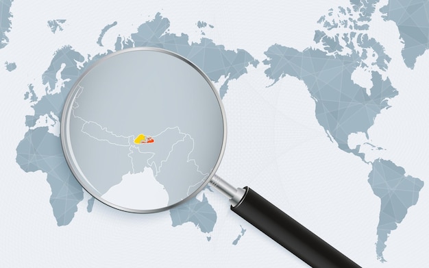 Mapa mundial centrado en asia con lupa en bhután enfoque en el mapa de bhután en el mapa mundial pacificcentric