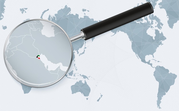 Mapa mundial centrado en Asia con lupa en Kuwait Enfoque en el mapa de Kuwait en Pacificcentric World Map