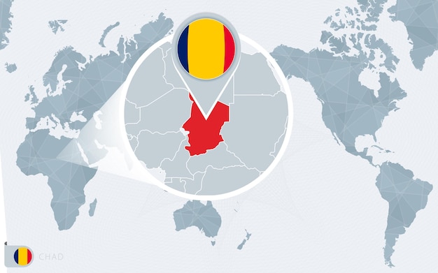 Mapa mundial centrado en el Pacífico con Chad ampliada. Bandera y mapa de Chad.