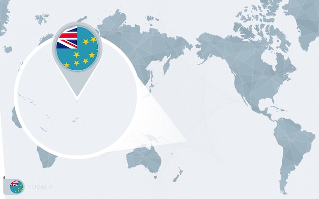 Vector mapa mundial centrado en el pacífico con tuvalu ampliada. bandera y mapa de tuvalu.