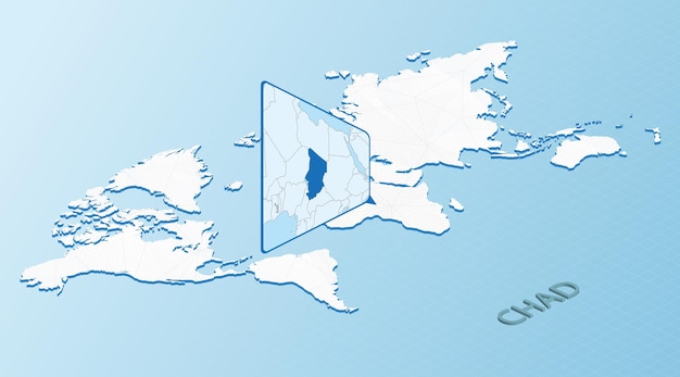 Mapa mundial en estilo isométrico con mapa detallado de Chad Mapa azul claro de Chad con mapa mundial abstracto