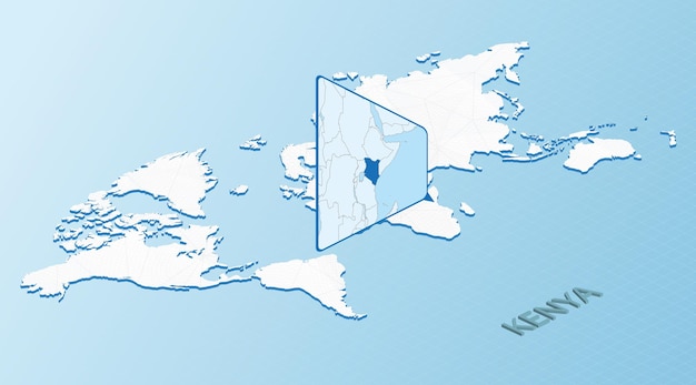 Mapa mundial en estilo isométrico con mapa detallado de Kenia Mapa azul claro de Kenia con mapa mundial abstracto