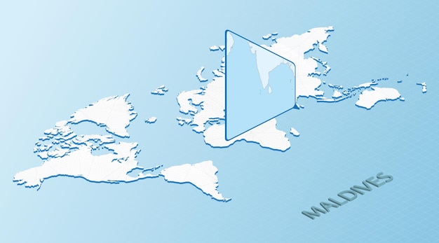 Mapa mundial en estilo isométrico con mapa detallado de maldivas mapa azul claro de maldivas con mapa mundial abstracto