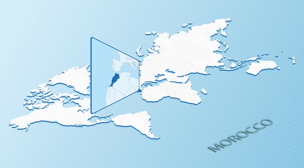 Mapa mundial en estilo isométrico con mapa detallado de Marruecos Mapa azul claro de Marruecos con mapa mundial abstracto