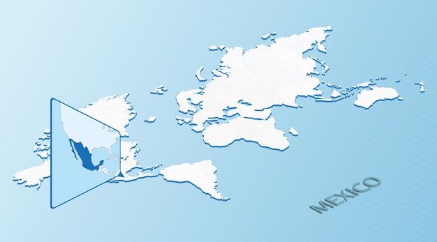 Mapa mundial en estilo isométrico con mapa detallado de México Mapa de México azul claro con mapa mundial abstracto
