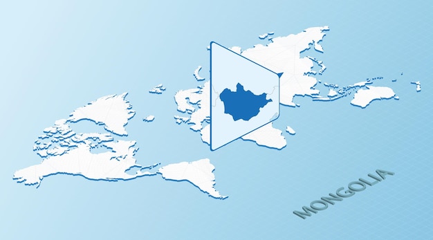 Mapa mundial en estilo isométrico con mapa detallado de Mongolia Mapa azul claro de Mongolia con mapa mundial abstracto