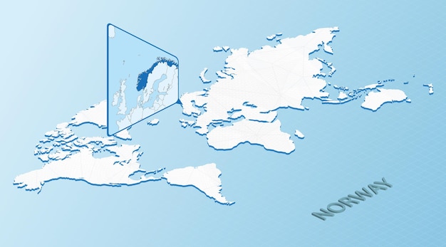 Mapa mundial en estilo isométrico con mapa detallado de Noruega Mapa azul claro de Noruega con mapa mundial abstracto