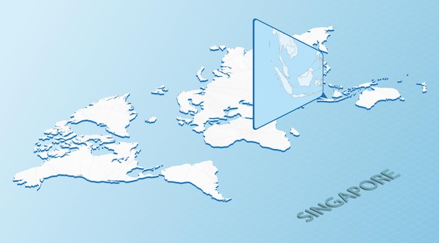 Mapa mundial en estilo isométrico con mapa detallado de Singapur Mapa azul claro de Singapur con mapa mundial abstracto