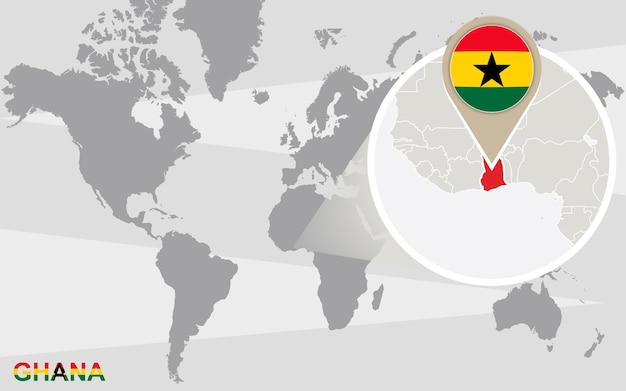 Mapa mundial con ghana ampliada. bandera y mapa de ghana.