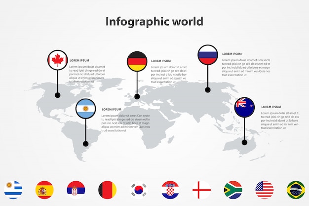 Mapa mundial de infografía, banderas internacionales del mundo.