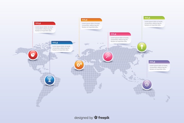 Mapa mundial con infografía de marcadores de colores