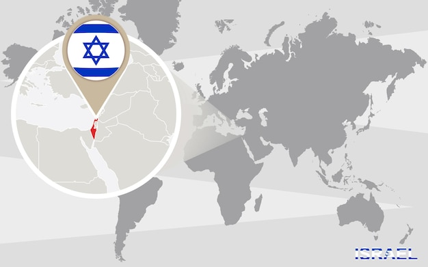Mapa mundial con Israel ampliada. Bandera y mapa de Israel.