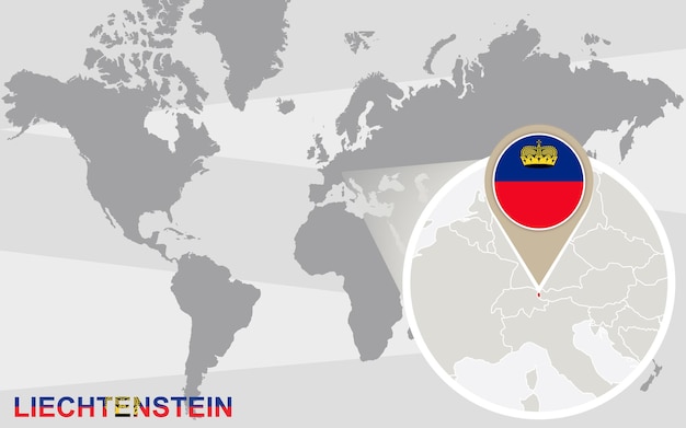 Mapa mundial con Liechtenstein ampliada. Bandera y mapa de Liechtenstein.