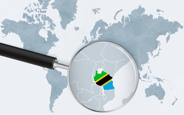 Mapa mundial con una lupa apuntando a Tanzania Mapa de Tanzania con la bandera en el bucle