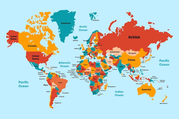 Mapa mundial con el nombre del país y el territorio detallado de los colores del país