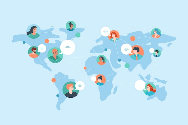 Vector mapa mundial con personas de diversas culturas hablando a través de la red. amigos de diferentes países que utilizan la ilustración de vector plano de redes sociales. concepto de comunicación global para diseño de banner o sitio web