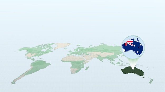 Vector mapa mundial en perspectiva que muestra la ubicación del país australia con mapa detallado con bandera de australia