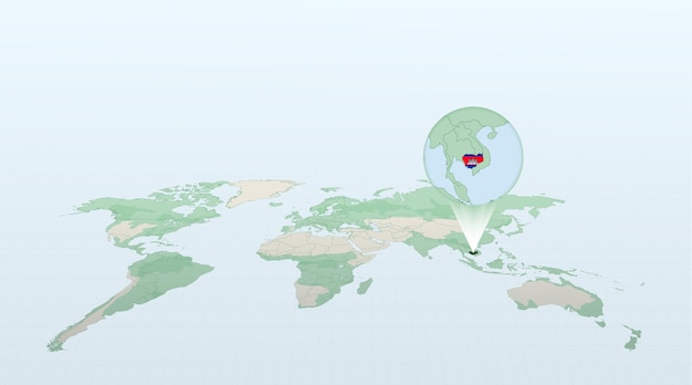 Mapa mundial en perspectiva que muestra la ubicación del país Camboya con mapa detallado con bandera de Camboya