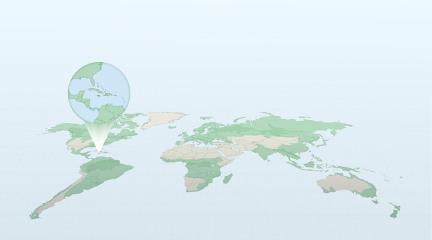 Mapa mundial en perspectiva que muestra la ubicación del país Jamaica con mapa detallado con bandera de Jamaica