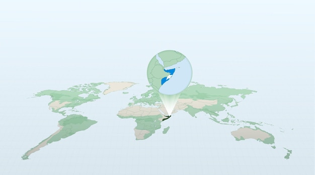 Mapa mundial en perspectiva que muestra la ubicación del país Somalia con mapa detallado con bandera de Somalia