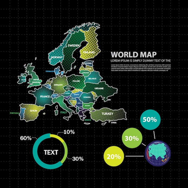 Mapa mundial con plantilla de diseño infográfico de países seleccionados