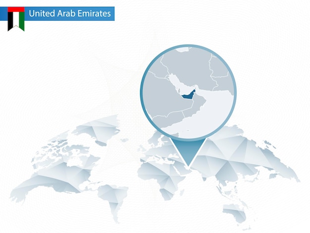Mapa mundial redondeado abstracto con mapa detallado anclado de los Emiratos Árabes Unidos Mapa y bandera de la ilustración vectorial de los EAU