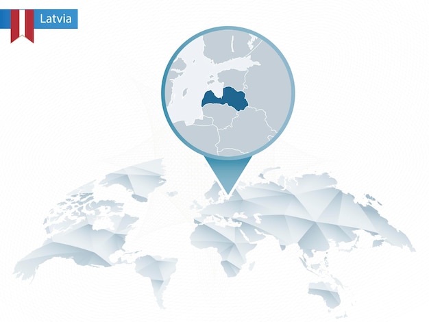 Mapa mundial redondeado abstracto con mapa detallado de letonia anclado. mapa y bandera de letonia. ilustración vectorial.