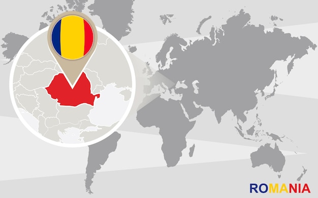 Mapa mundial con rumania ampliada. bandera y mapa de rumania.