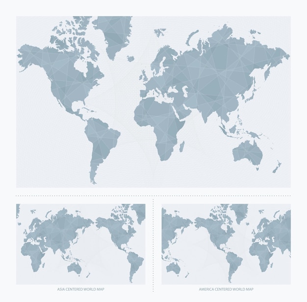 Mapa mundial tres versiones Centro de América Centro de Asia y mapa mundial estándar Plantilla vectorial