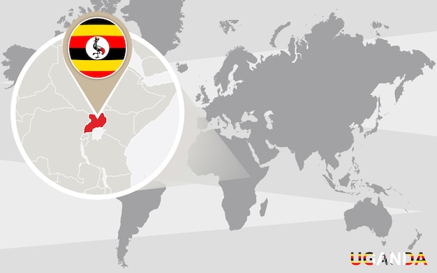 Mapa mundial con uganda ampliada. bandera y mapa de uganda.