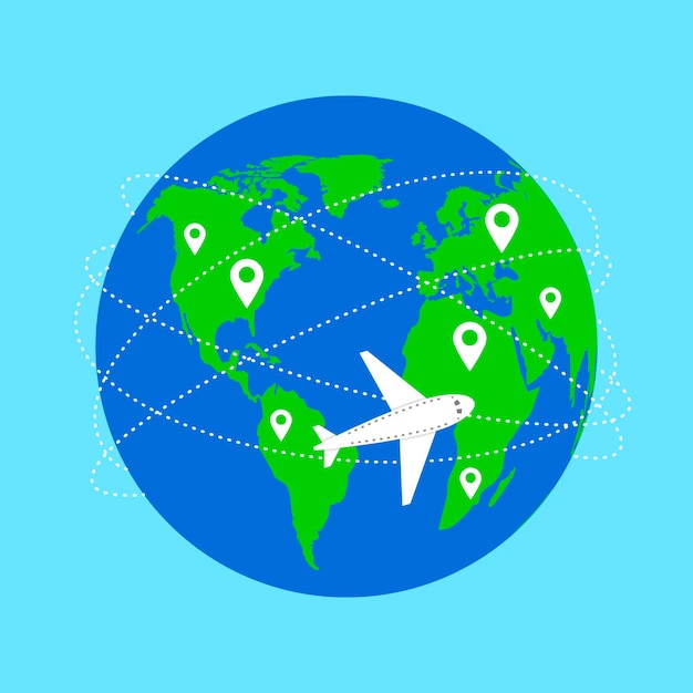 Mapa mundial y vuelo en avión Planeta y trayectoria trayectoria de vuelo El avión vuela deja la línea del rastro