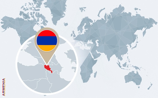 Mapa del mundo azul abstracto con la bandera y el mapa de Armenia ampliados Ilustración vectorial