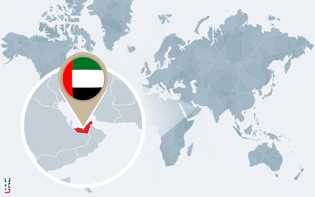 Mapa del mundo azul abstracto con la bandera y el mapa de los Emiratos Árabes Unidos magnificados Ilustración vectorial
