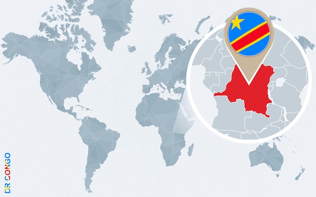 Mapa del mundo azul abstracto con la bandera y el mapa de la república democrática del congo ampliada ilustración vectorial