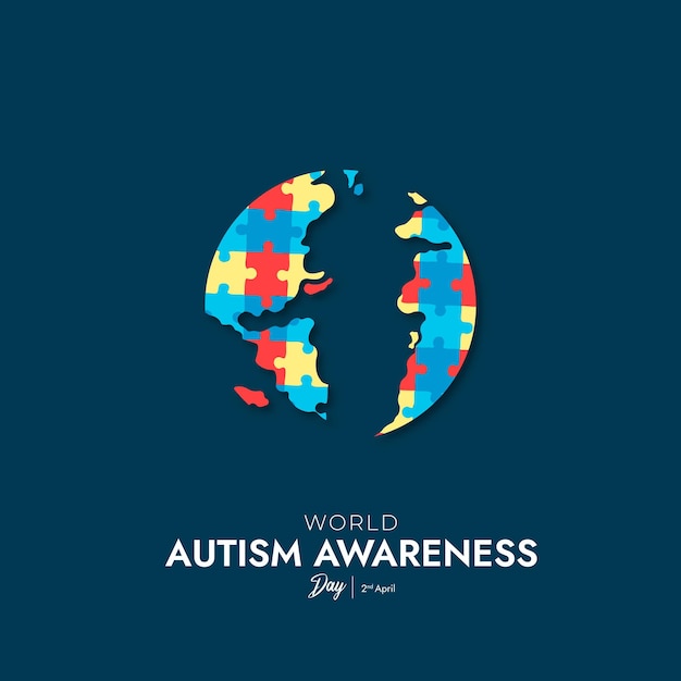 Un mapa del mundo azul con un globo colorido y las palabras conciencia mundial sobre el autismo.