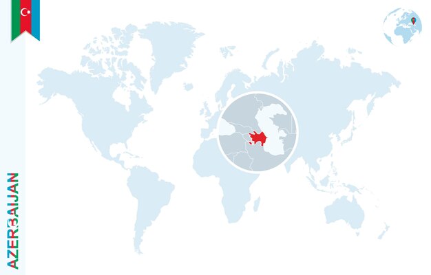 Mapa del mundo azul con lupa en Azerbaiyán