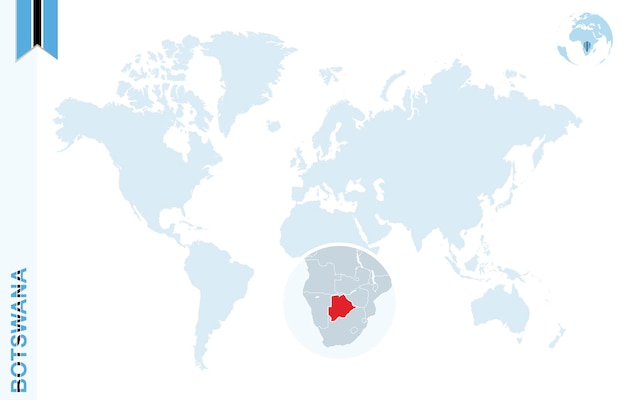 Mapa del mundo azul con lupa en Botswana