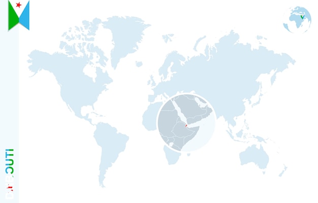 Mapa del mundo azul con lupa en djibouti