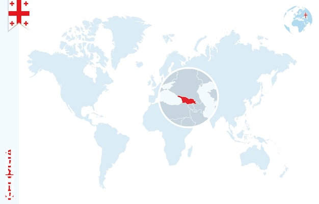 Mapa del mundo azul con lupa en georgia