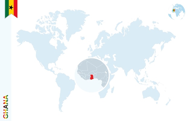 Mapa del mundo azul con lupa en ghana