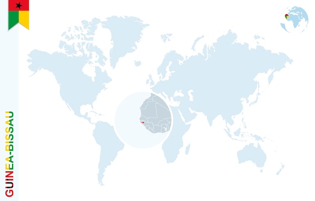 Mapa del mundo azul con lupa en GuineaBissau