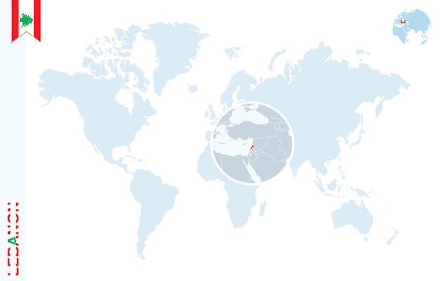 Mapa del mundo azul con lupa en el Líbano